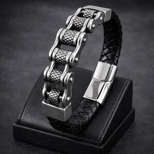 Men's Black Leather and Silver Chain-Link Bracelet
